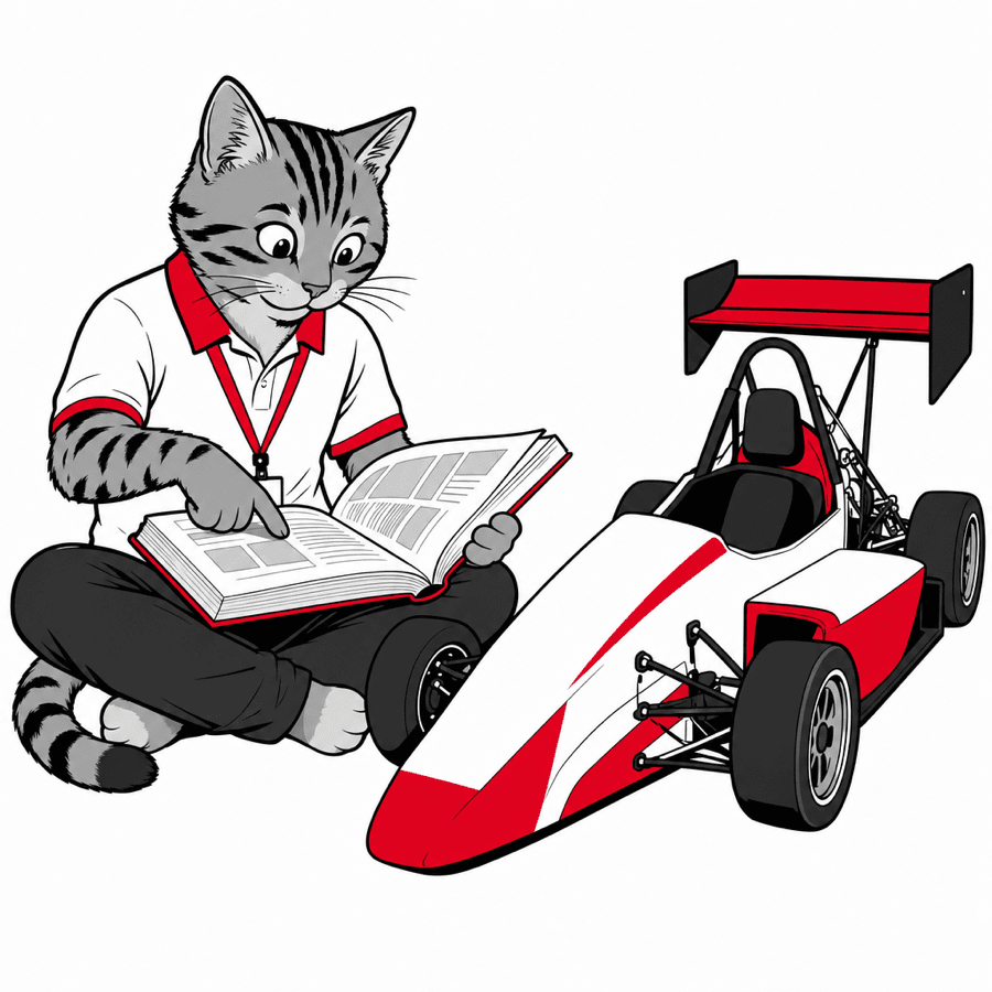 A cat in a race engineer's polo reading the rulebook next to a Formula Student car